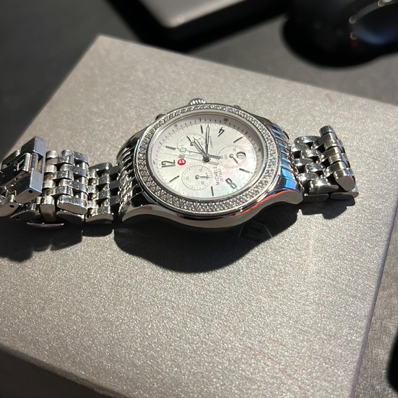 Michele watch all stainless steel with diamond bezel and mother of pearl face